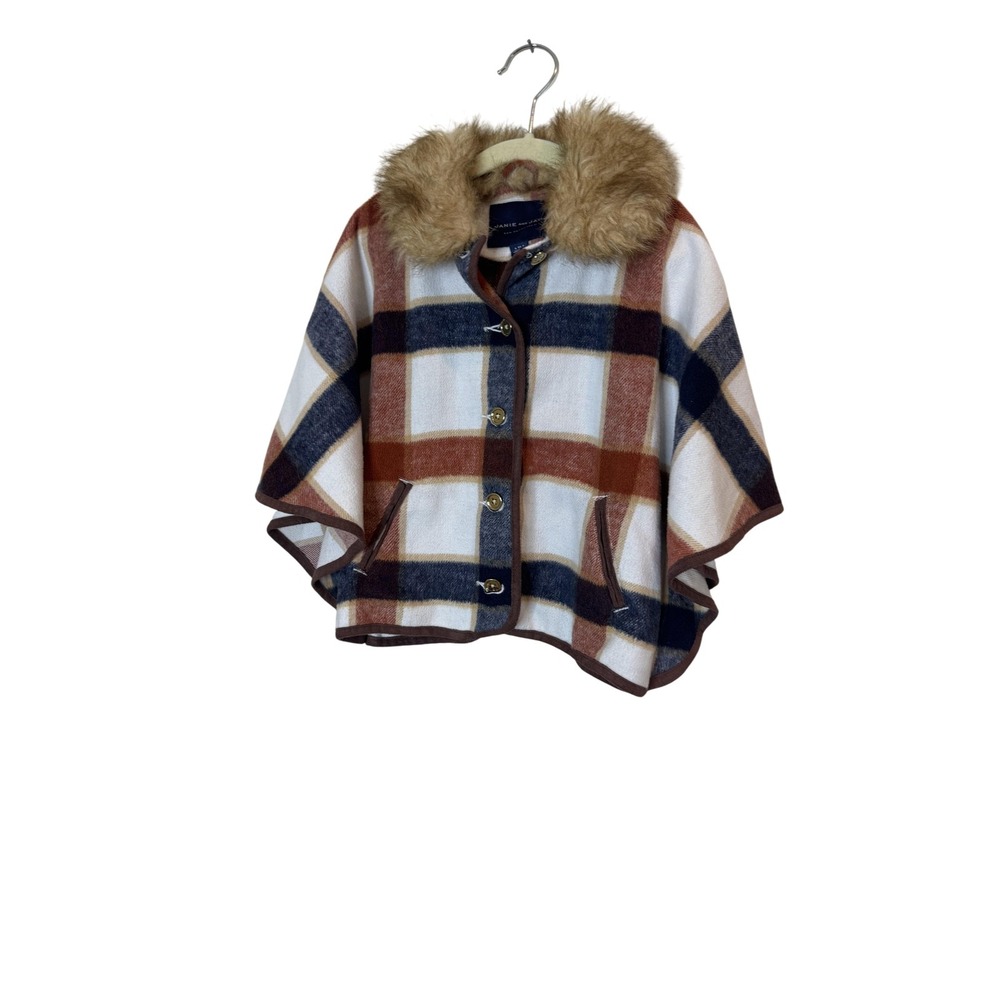 Janie And Jack Cape Girls 4T Multicolor Plaid Faux Fur Collar Button Winter